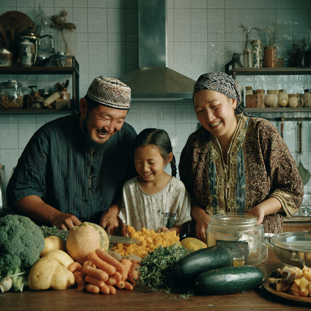 Счастливая казахская семья готовит здоровую еду на современной кухне