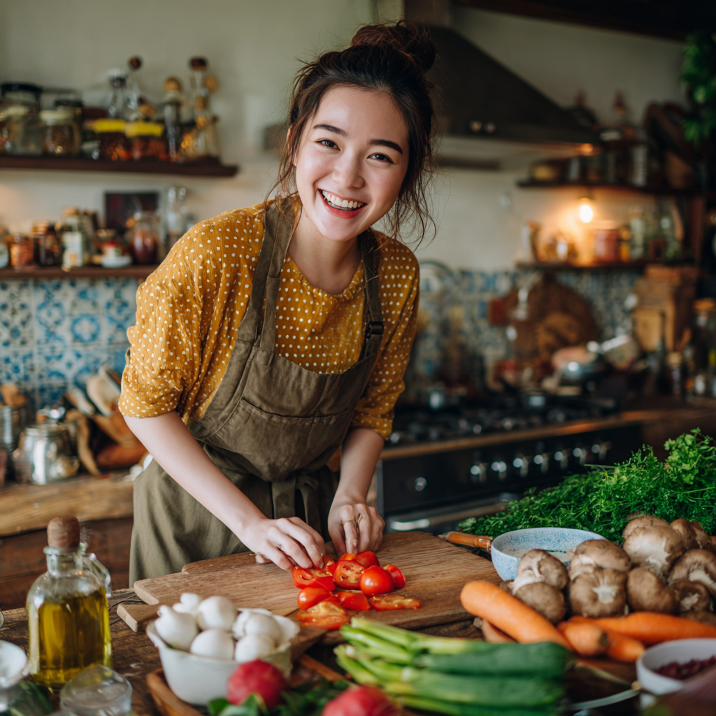 Молодая казахская женщина планирует здоровое питание с овощами и фруктами на столе